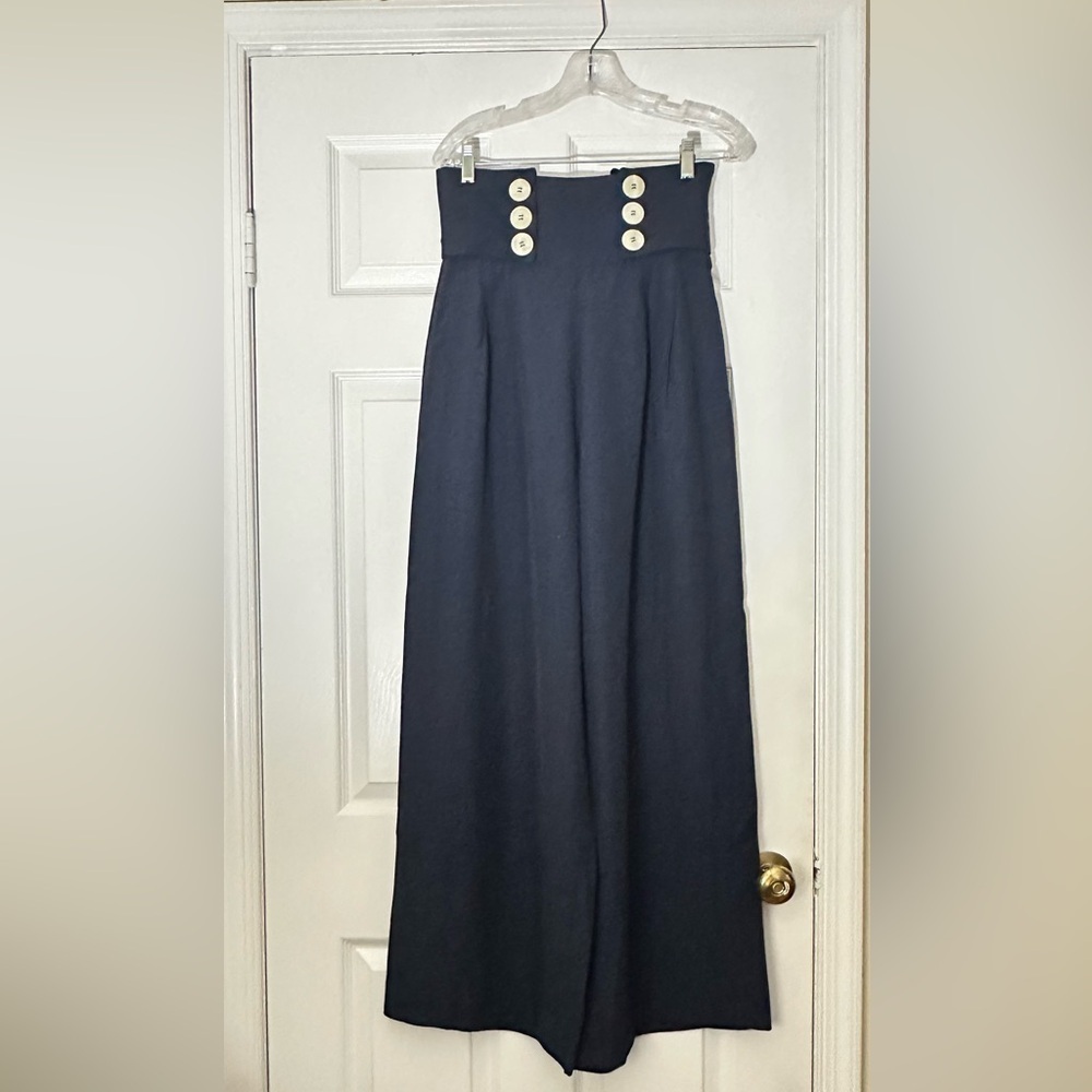 Nanette Lepore Vintage Navy Blue Sailor Style Wide Leg Pants With Lace Up Back